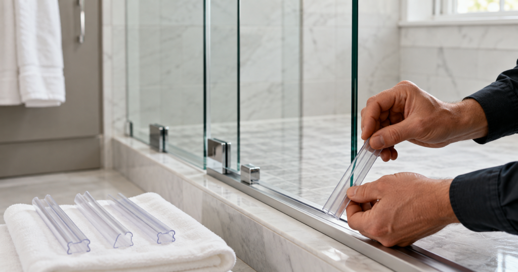 Professional installing a clear shower door seal on a frameless glass shower door