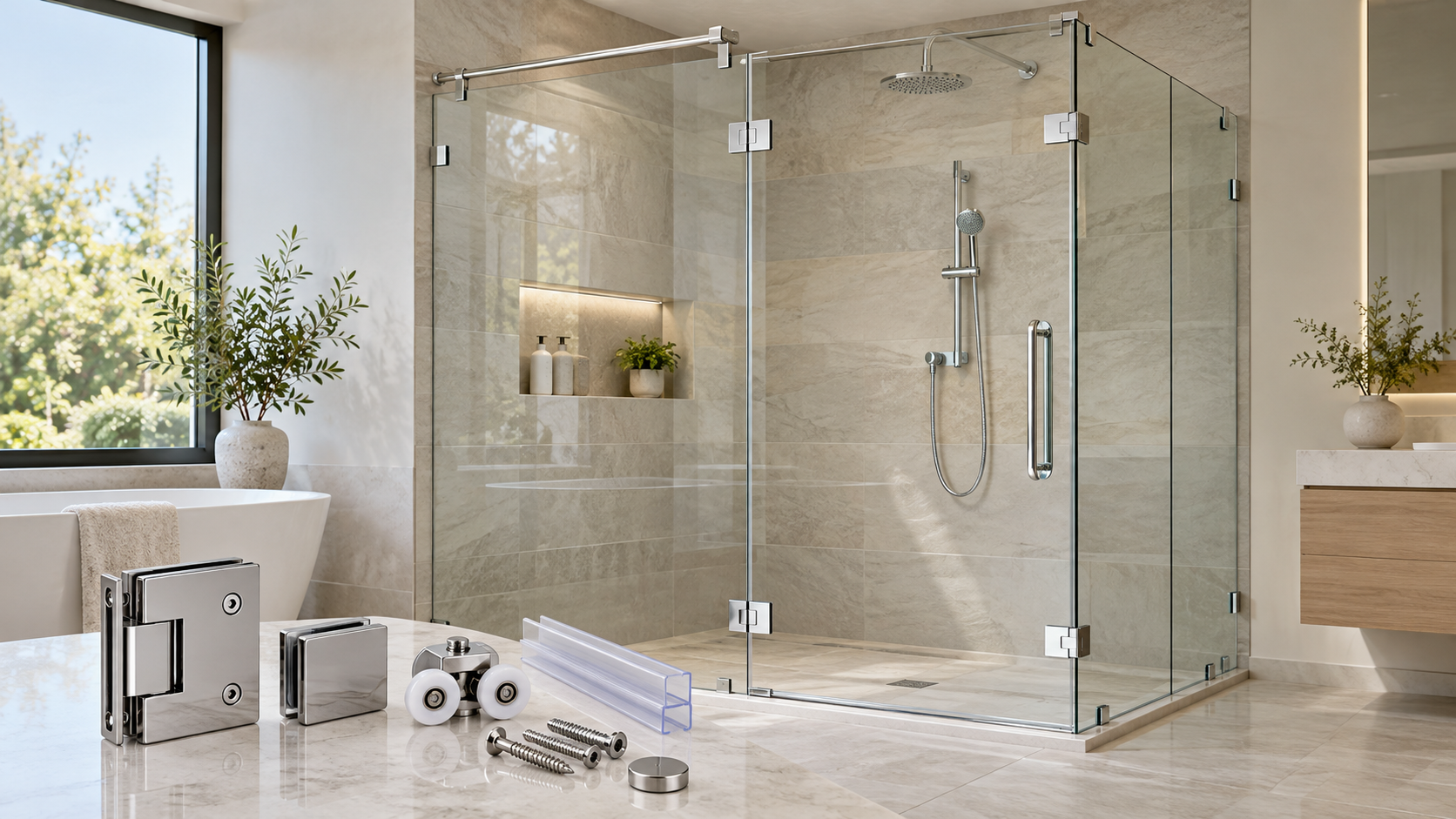 Modern frameless glass shower enclosure with hinges, handle, clamps, rollers, seals and shower door hardware components.